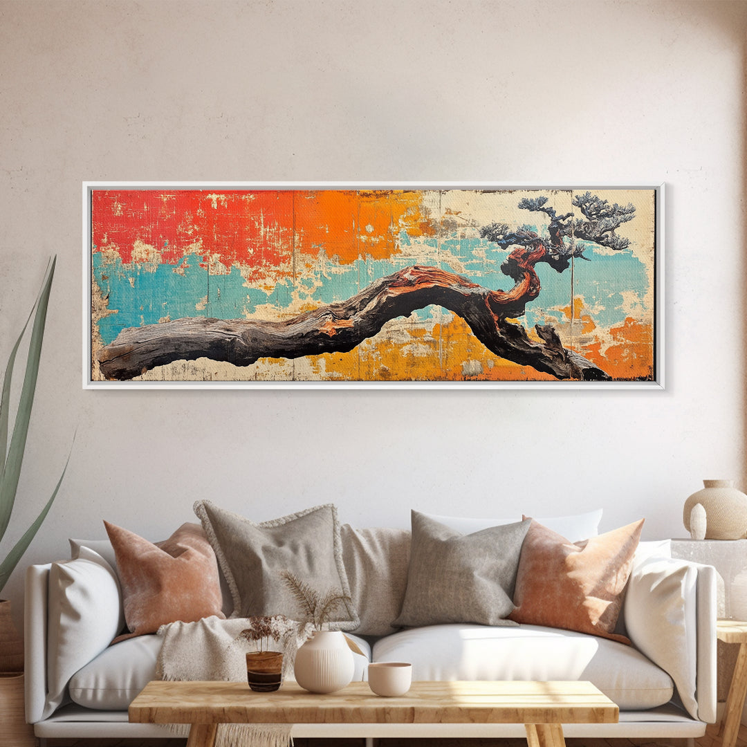 Gnarled Bonsai Tree Branch Wall Art, Japanese Nature Print, Wabi Sabi Decor, Rustic Horizontal Canvas For Modern Living Room