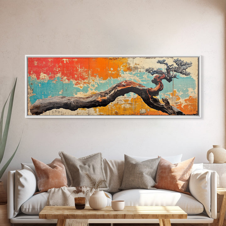 Gnarled Bonsai Tree Branch Wall Art, Japanese Nature Print, Wabi Sabi Decor, Rustic Horizontal Canvas For Modern Living Room