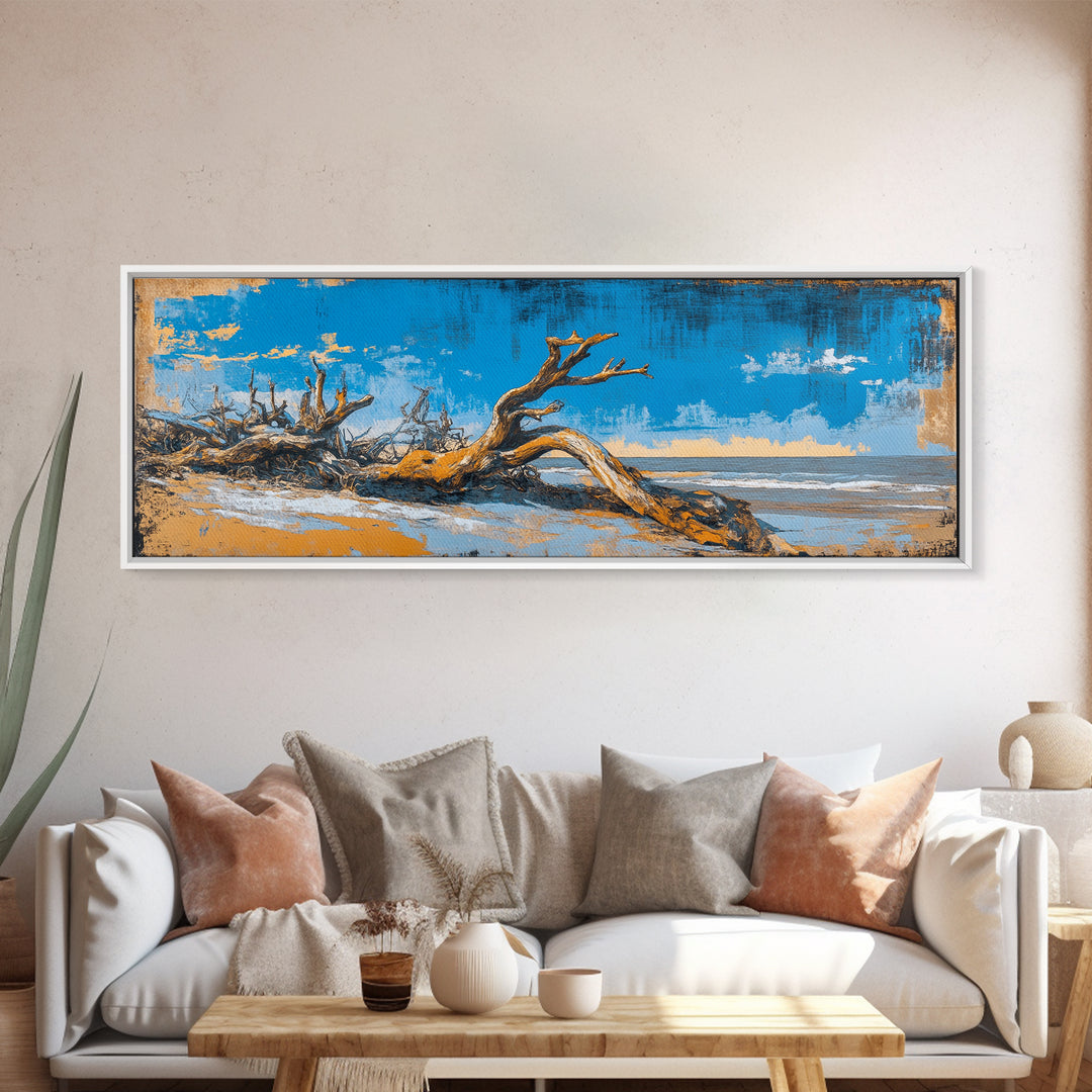 Driftwood Beach And Blue Sky Canvas Print, Coastal Wall Art, Nautical Landscape Decor, Large Horizontal Print For Beach House
