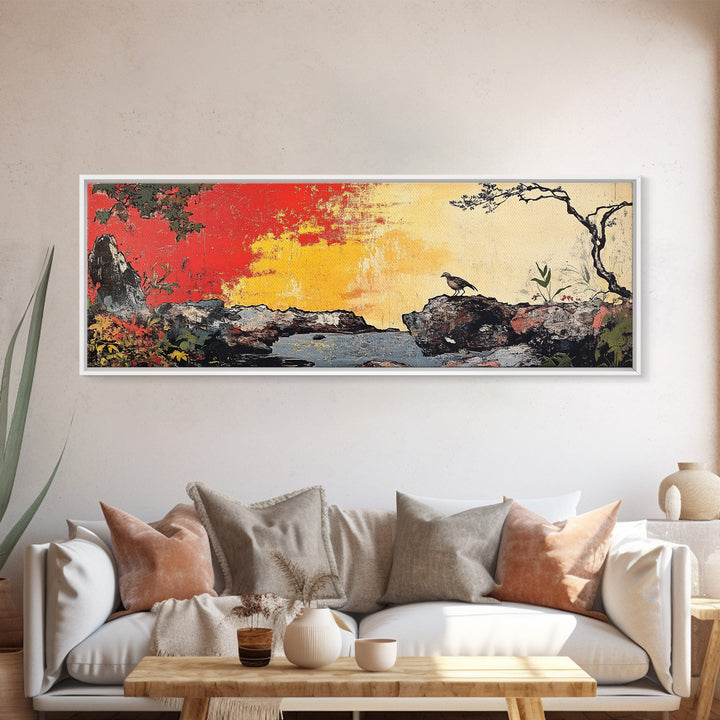 Crow On Rocky Japanese Garden Wall Art, Red Sunset Landscape Print, Asian Inspired Decor, Large Horizontal Canvas For Living Room
