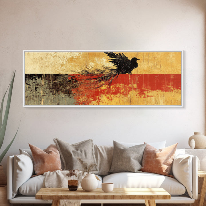 Black Bird In Flight Wall Art, Japanese Raven Print, Red And Gold Abstract Nature Decor, Large Horizontal Canvas For Office