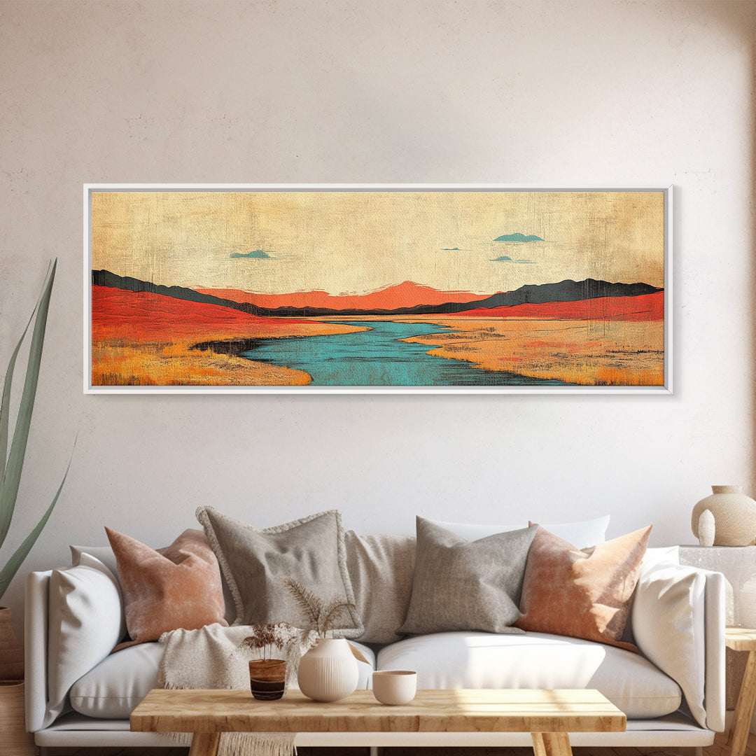 Red Grass Valley River Landscape Canvas Print, Modern Southwestern Wall Art, Wide Horizontal Nature Decor For Living Room