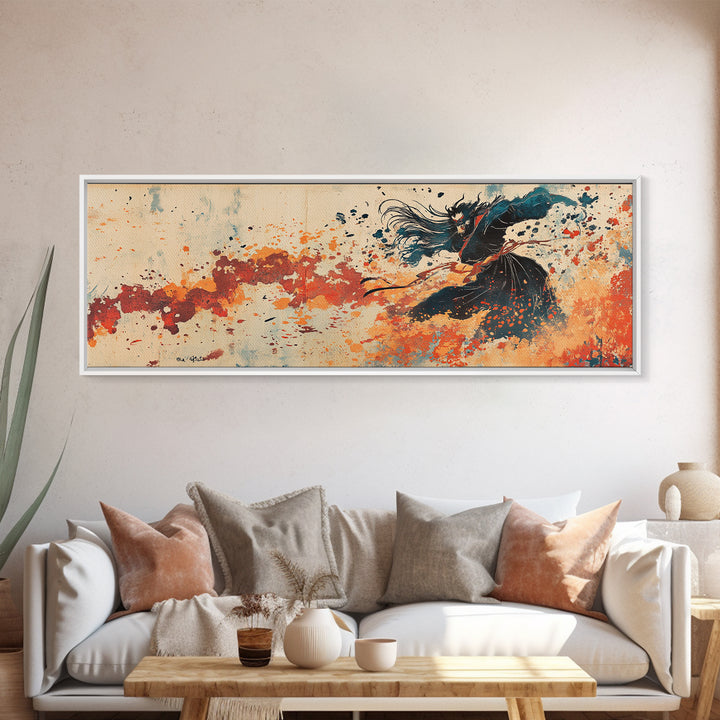 Flowing Black Dancer Abstract Wall Art, Feminine Figure Print, Orange Motion Decor, Contemporary Canvas For Bedroom Or Living Room