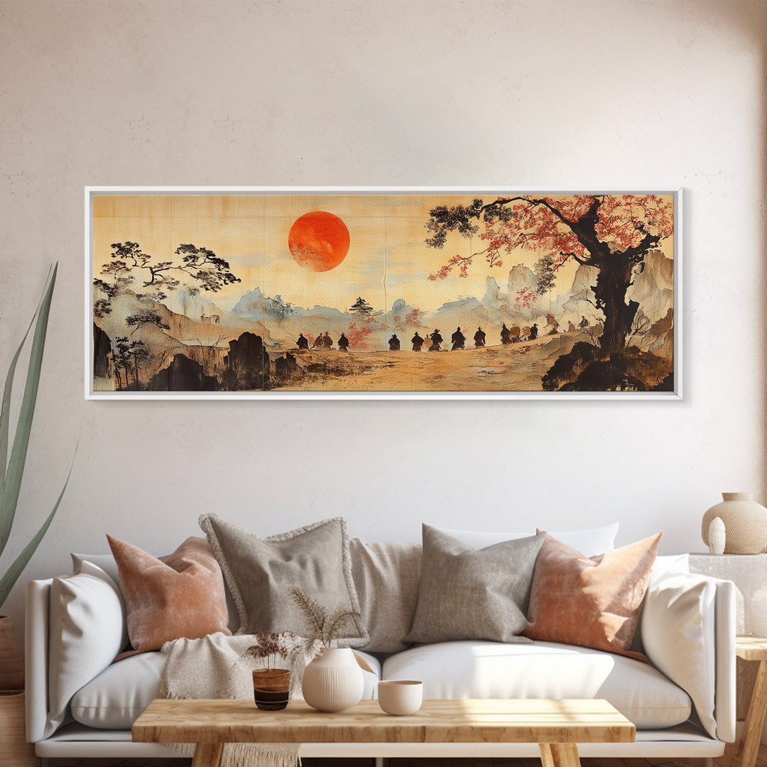 Red Sun Mountain Journey Wall Art, Japanese Landscape Print, Panoramic Canvas, Asian Home Decor, Living Room Decor Gift Idea