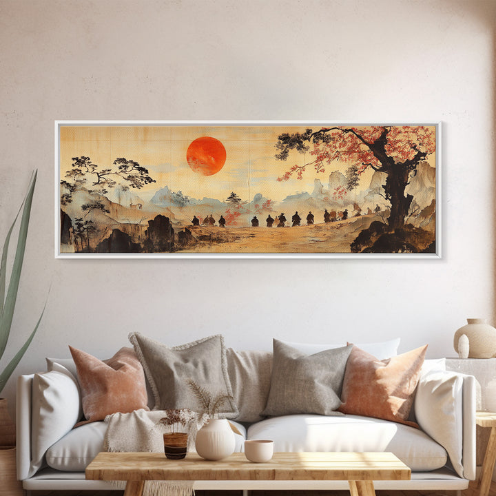 Red Sun Mountain Journey Wall Art, Japanese Landscape Print, Panoramic Canvas, Asian Home Decor, Living Room Decor Gift Idea