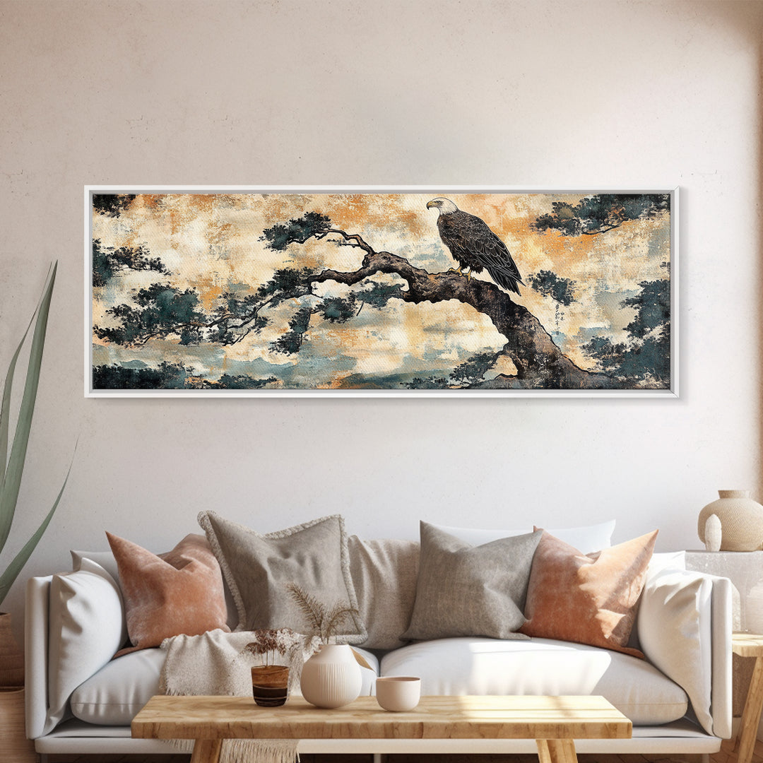 Eagle Pine Branch Wall Art, Japanese Bird Print, Panoramic Wildlife Canvas, Nature Inspired Decor, Office Living Room Art