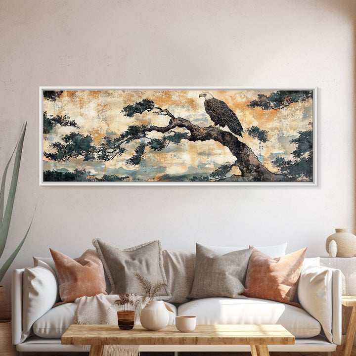 Eagle Pine Branch Wall Art, Japanese Bird Print, Panoramic Wildlife Canvas, Nature Inspired Decor, Office Living Room Art