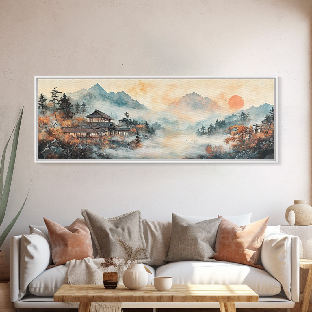 Misty Mountain Temple Framed Canvas Print, Japanese Landscape Art, Zen Lake Wall Decor, Panoramic Living Room Decor Gift