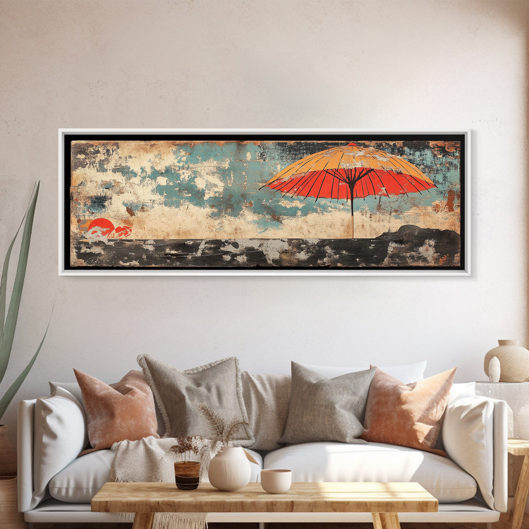 Red Umbrella Seascape Wall Art, Japanese Coastal Print, Minimalist Canvas, Beach House Decor, Asian Living Room Decor Gift