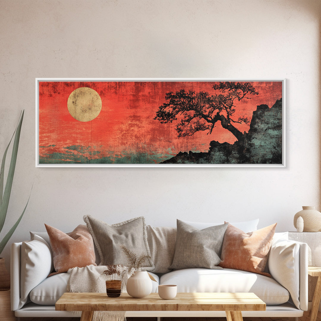 Red Moon Bonsai Silhouette Framed Canvas Print, Japanese Zen Landscape, Moody Wall Art, Asian Decor For Living Room Decor