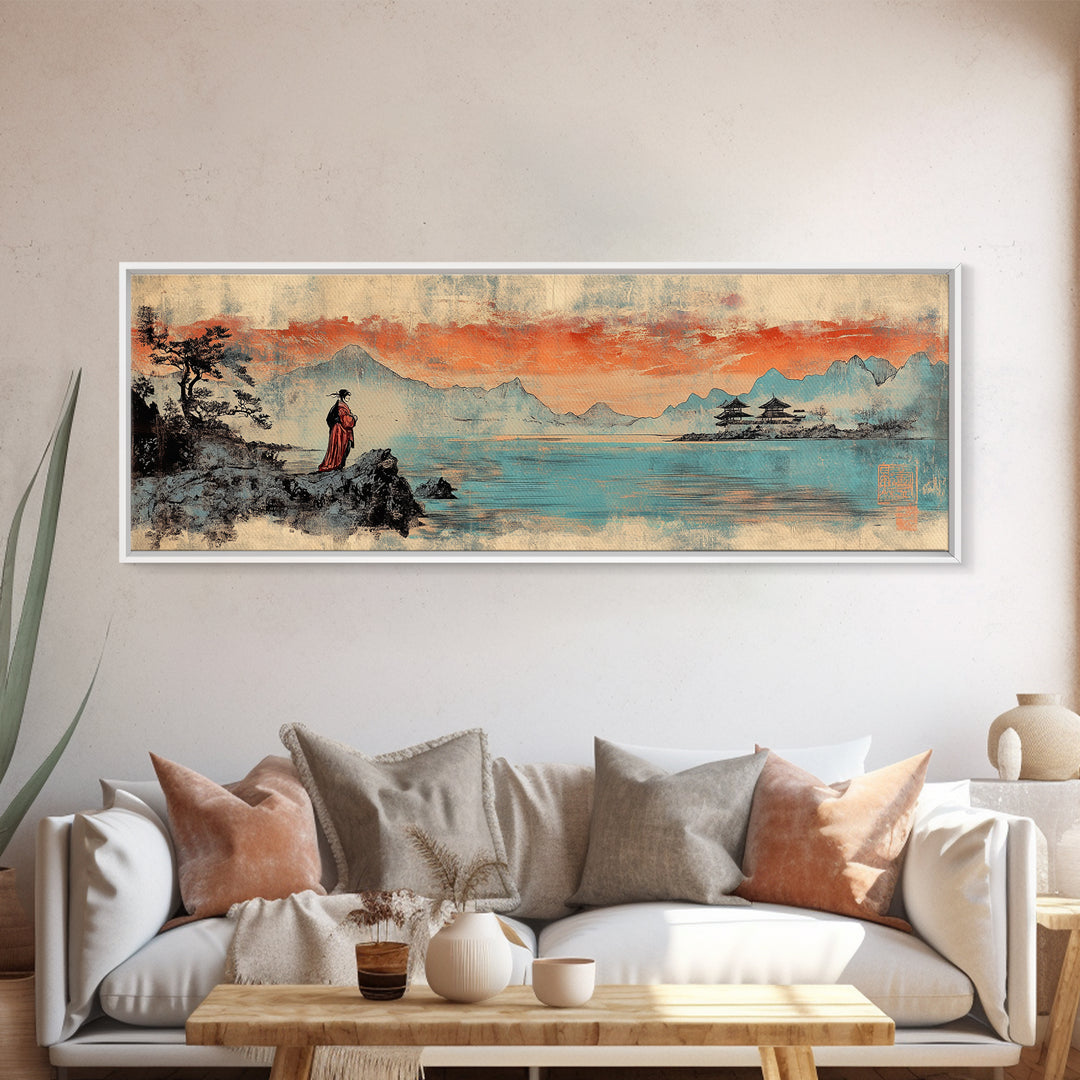 Geisha By Lake Wall Art, Japanese Sunset Landscape Print, Pagoda Canvas, Asian Home Decor, Panoramic Living Room Art Gift