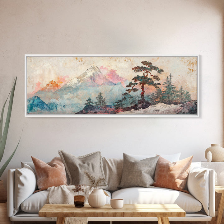 Snowy Mount Fuji Pine Canvas Print, Japanese Mountain Landscape, Winter Wall Art, Zen Nature Decor, Above Sofa Wall Decor