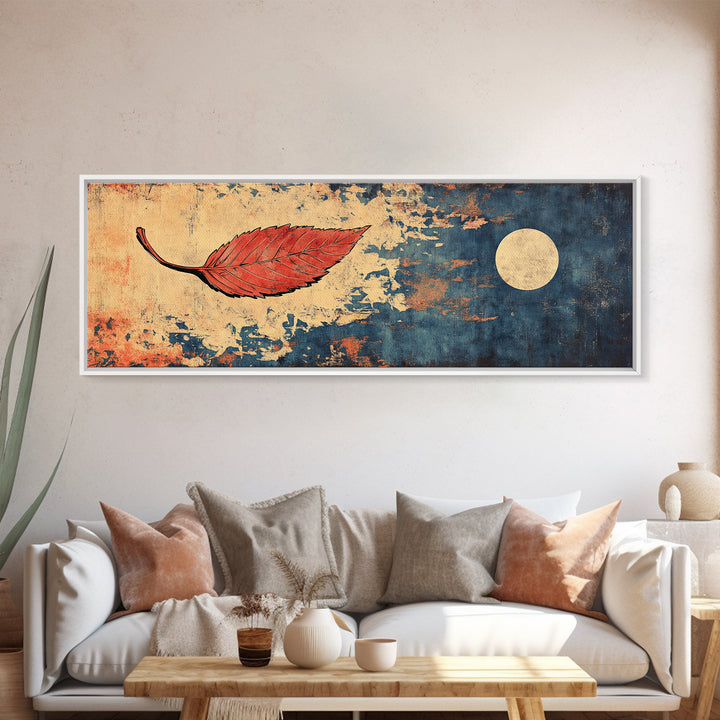 Red Autumn Leaf Wall Art, Japanese Minimalist Print, Navy Blue Canvas, Nature Inspired Decor, Modern Asian Home Decor Gift