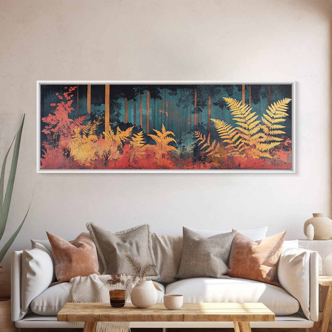 Golden Fern Forest Framed Canvas Print, Japanese Botanical Wall Art, Moody Nature Decor, Panoramic Living Room Artwork Gift