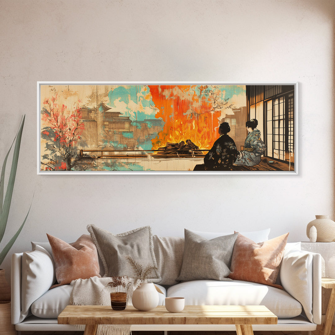 Japanese Tea House Fire Garden Wall Art, Cherry Blossom Pagoda Canvas, Japandi Decor, Asian Landscape, Living Room Art Print