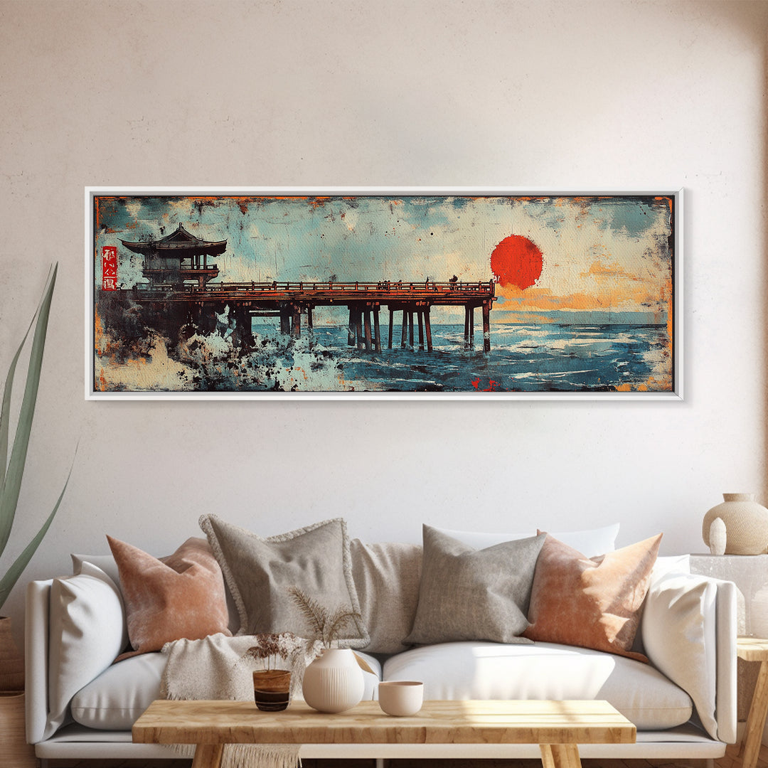 Japanese Pier Red Sun Wall Art, Ocean Waves Canvas Print, Asian Coastal Decor, Pagoda Seascape, Living Room Wall Art Print