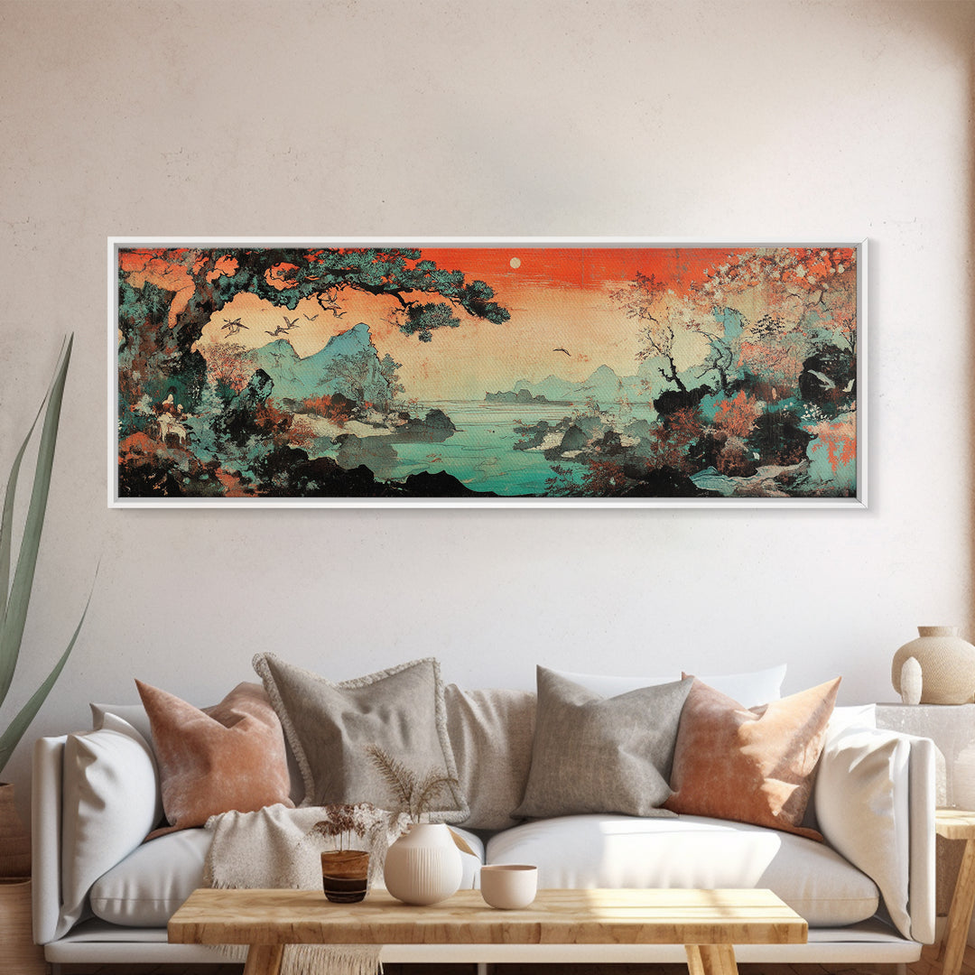 Misty Asian Lake Mountains Wall Art, Red Sunset Landscape Canvas Print, Japandi Decor, Nature Wall Art, Above Bed Decor Print