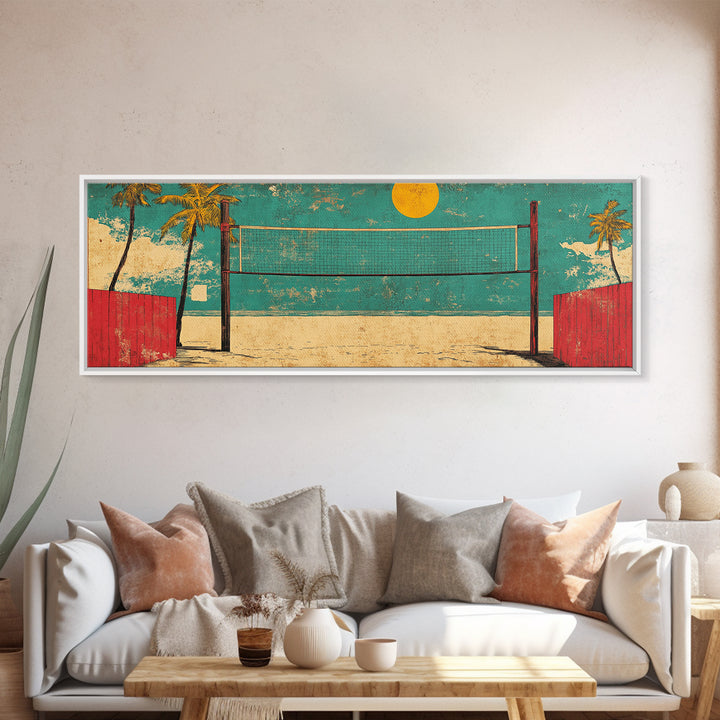 Retro Beach Volleyball Wall Art, Tropical Canvas Print, Coastal Decor, Summer Sport Poster, Game Room Decor, Gift For Him