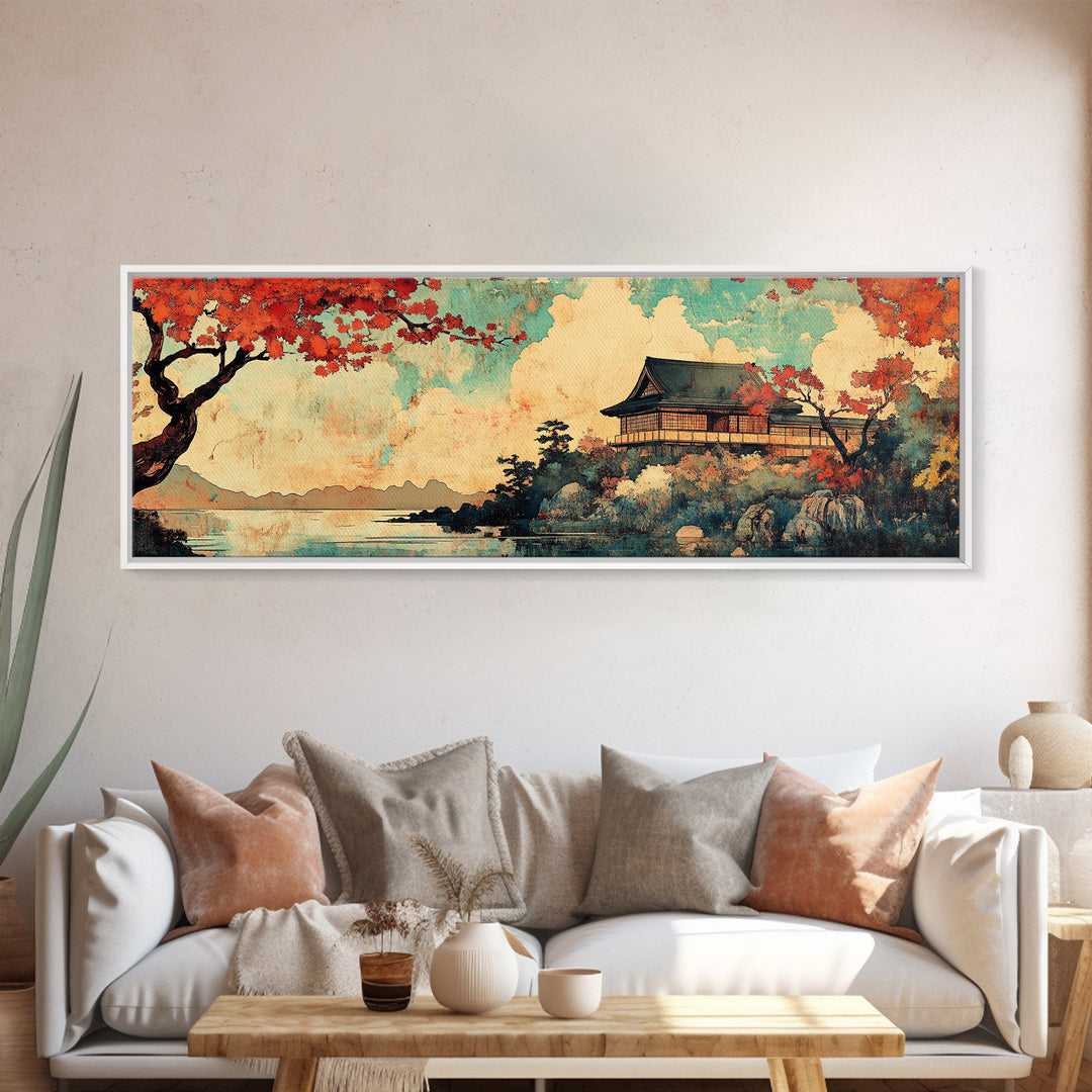 Japanese Temple Red Maple Wall Art, Mount Fuji Lake Canvas Print, Japandi Decor, Asian Landscape, Living Room Wall Art Print