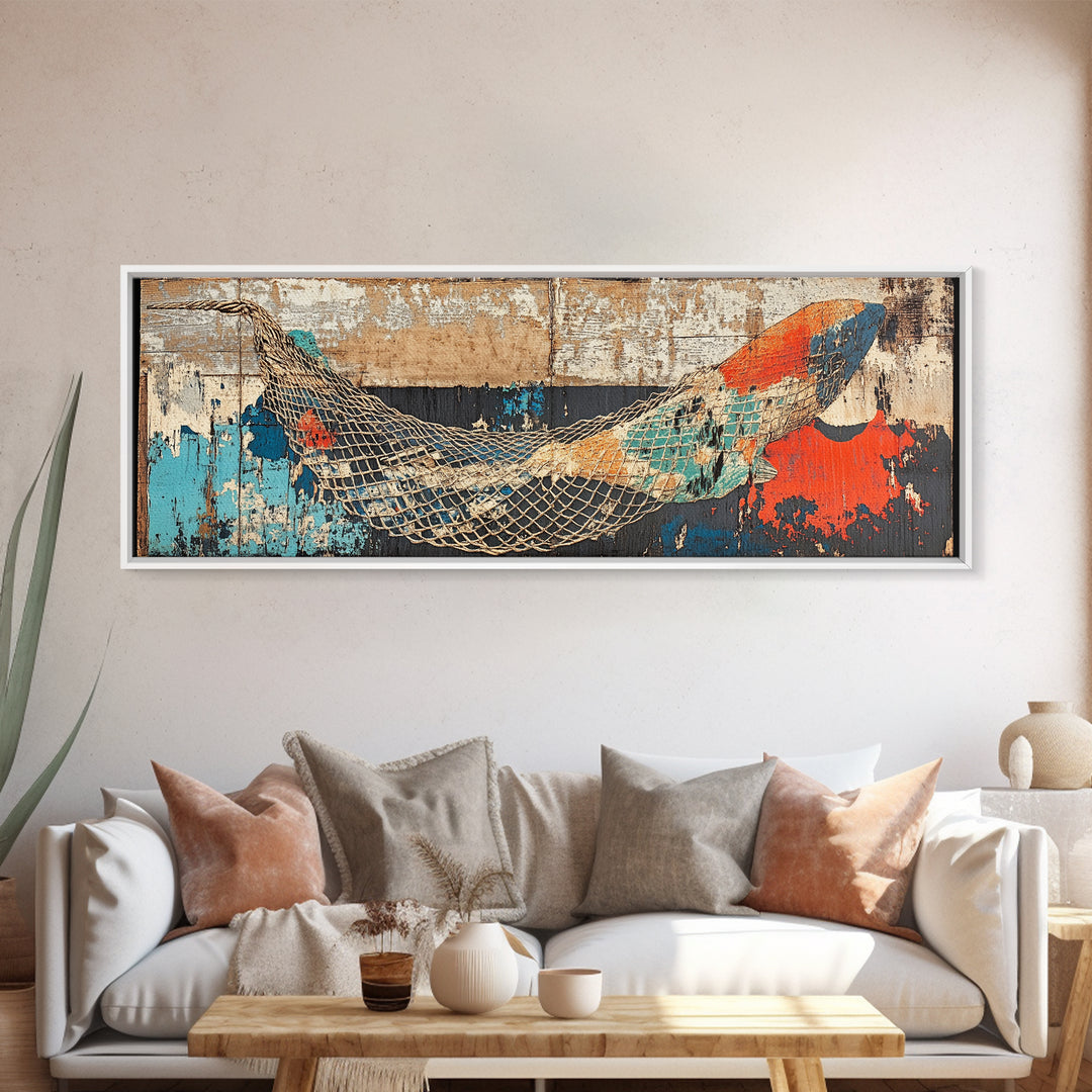 Weathered Fishing Net Wall Art, Coastal Canvas Print, Nautical Decor, Beach House Art, Rustic Seascape, Ocean Wall Decor