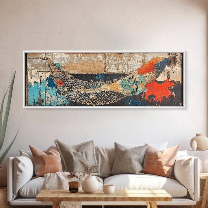 Weathered Fishing Net Wall Art, Coastal Canvas Print, Nautical Decor, Beach House Art, Rustic Seascape, Ocean Wall Decor