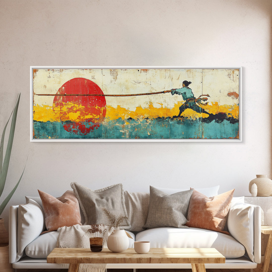 Fisherman Pulling Rope Wall Art, Red Sun Canvas Print, Coastal Landscape, Japanese Inspired Decor, Long Horizontal Art Print