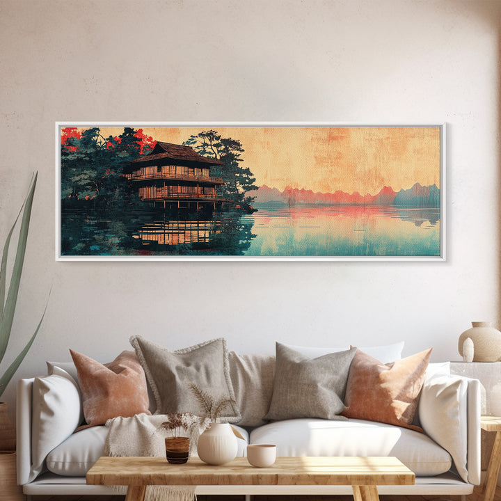 Japanese Pagoda On Misty Lake Wall Art, Panoramic Landscape Print, Asian Inspired Decor, Zen Living Room Wall Decor, Home Decor