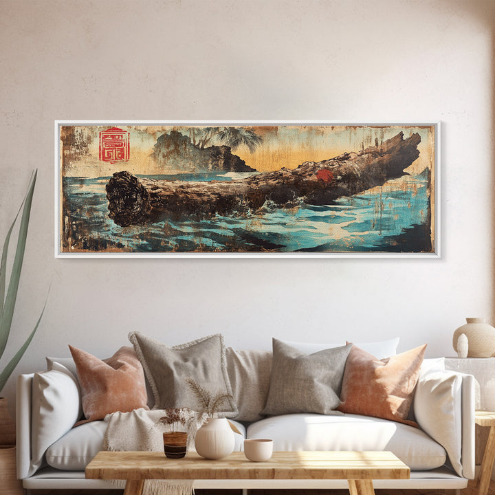 Weathered Driftwood Log On Blue Water Canvas Print, Japanese Nature Art, Rustic Coastal Decor, Zen Landscape Wall Art, Home Decor