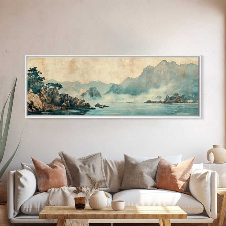 Misty Blue Mountain Lake Wall Art, Japanese Landscape Print, Zen Nature Decor, Panoramic Living Room Wall Decor, Calming Home Decor