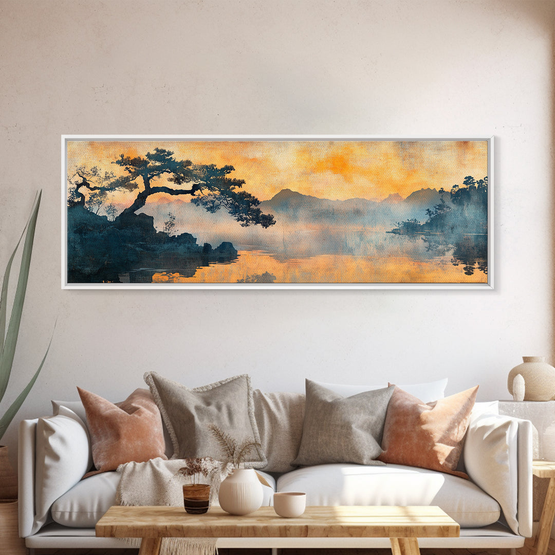 Orange Sunset Pine Lake Canvas Print, Japanese Landscape Wall Art, Moody Nature Decor, Zen Living Room Wall Decor, Warm Home Decor