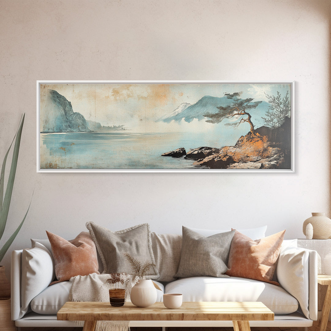 Lone Pine On Quiet Blue Shore Wall Art, Minimalist Japanese Landscape Print, Coastal Zen Decor, Calming Home Decor, Living Room Art
