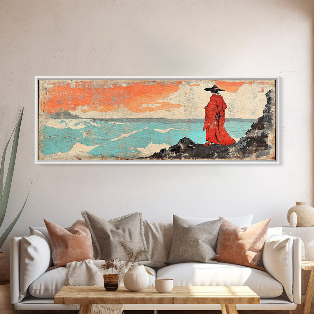 Red Robed Figure By Turquoise Sea Wall Art, Japanese Seascape Print, Coastal Asian Decor, Dramatic Wall Decor, Unique Home Decor