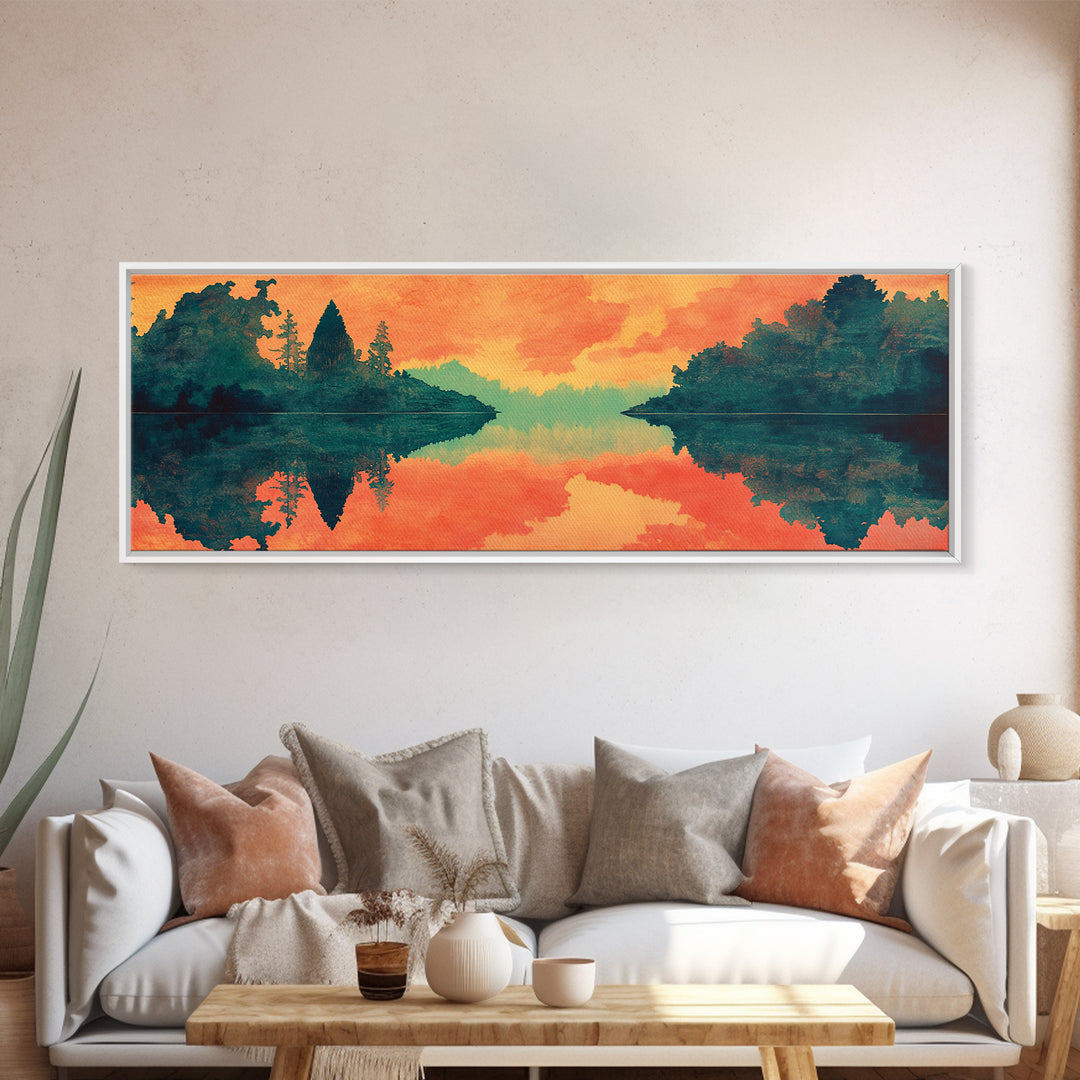 Orange Lake Reflection At Sunset Canvas Print, Forest Landscape Wall Art, Modern Nature Decor, Large Living Room Art, Home Decor
