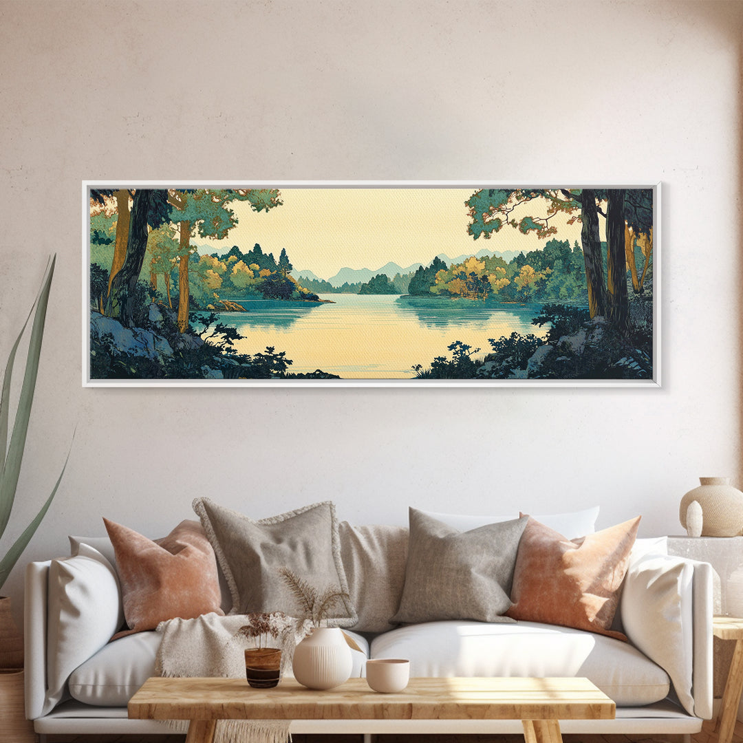 Framed Lake Through Forest Trees Wall Art, Japanese Landscape Print, Scenic Nature Decor, Blue Green Living Room Decor, Home Decor