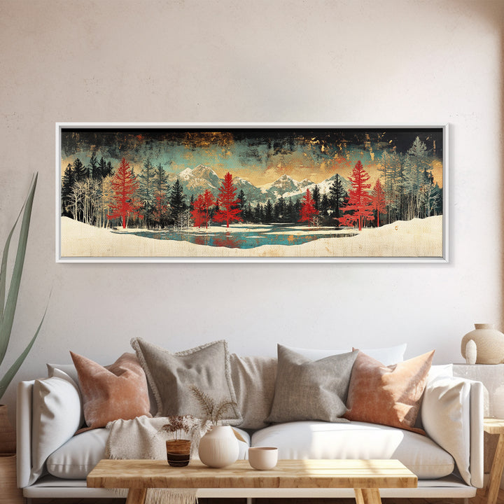 Snowy Mountain Forest With Red Pines Framed Canvas Print, Winter Landscape Wall Art, Rustic Cabin Decor For Living Room Decor