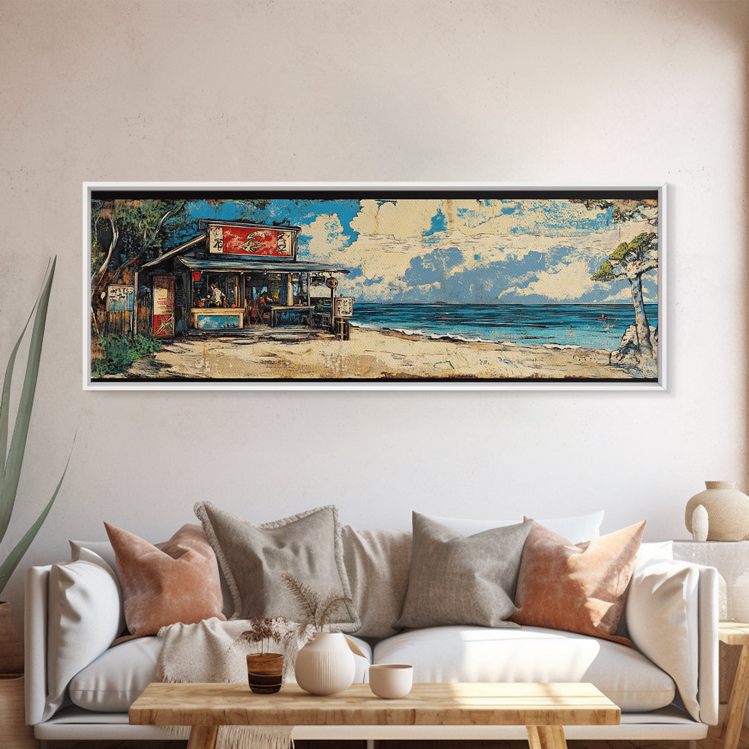 Beachfront Asian Food Shack Wall Art, Tropical Ocean Canvas Print, Coastal Kitchen Decor For Beach House Living Room Decor