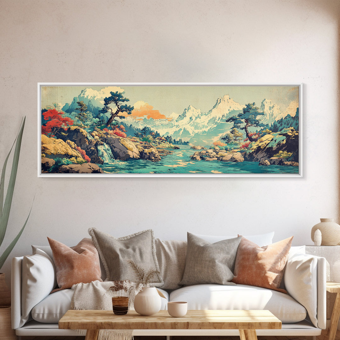 Turquoise River Waterfall And Snowy Pines Framed Canvas Print, Japanese Landscape Art, Mountain Wall Decor, Living Room Decor
