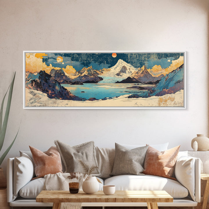 Snowy Peak And Moonlit Lake Canvas Print, Japanese Mountain Landscape, Blue Gold Wall Art, Wide Horizontal Living Room Decor