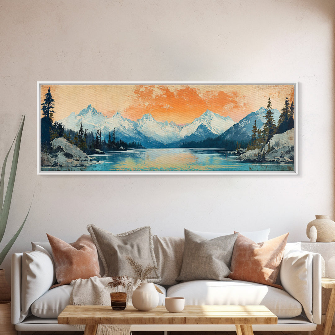 Orange Sunset Alpine Lake Wall Art, Snowy Mountain Landscape Print, Rustic Cabin Decor, Large Horizontal Canvas Home Decor
