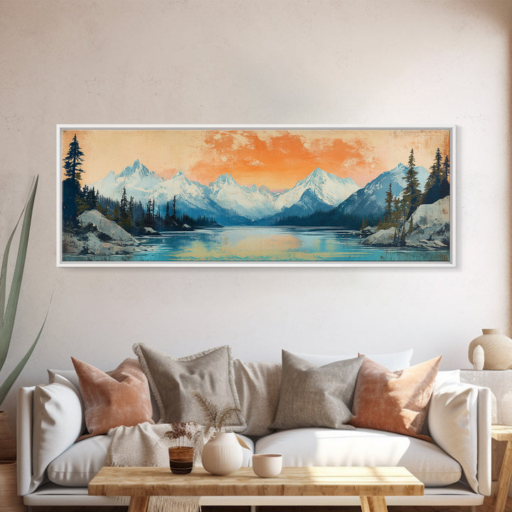 Orange Sunset Alpine Lake Wall Art, Snowy Mountain Landscape Print, Rustic Cabin Decor, Large Horizontal Canvas Home Decor