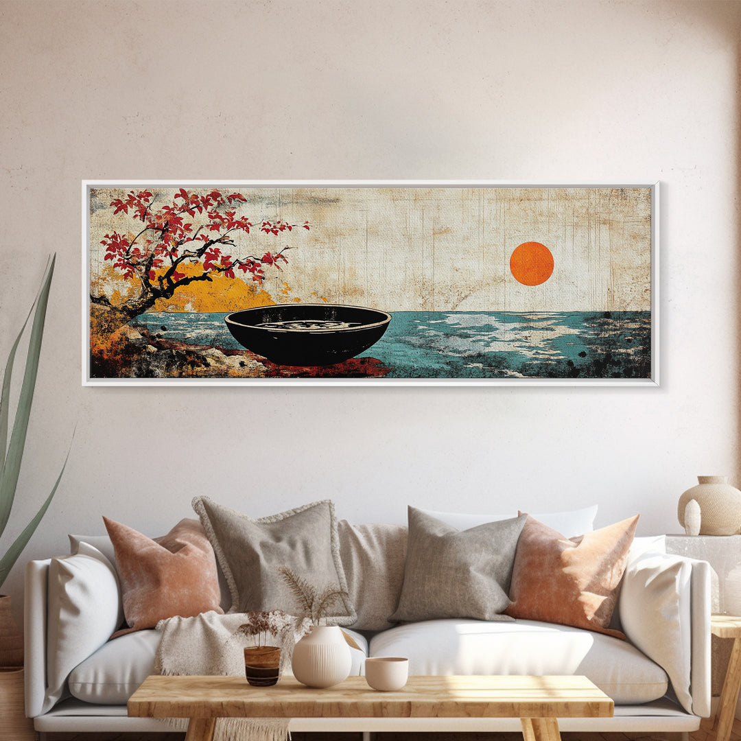 Zen Bowl By Ocean With Red Sun Framed Canvas Print, Japanese Coastal Wall Art, Cherry Blossom Decor, Meditation Room Art
