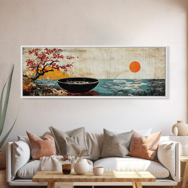 Zen Bowl By Ocean With Red Sun Framed Canvas Print, Japanese Coastal Wall Art, Cherry Blossom Decor, Meditation Room Art