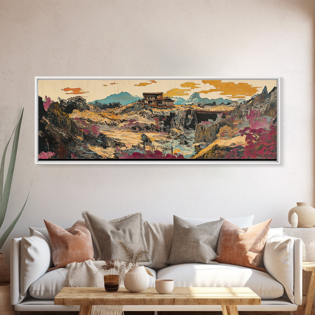 Desert Canyon Cabin And Pink Wildflowers Wall Art, Southwestern Landscape Canvas, Modern Rustic Decor, Earth Tone Home Decor
