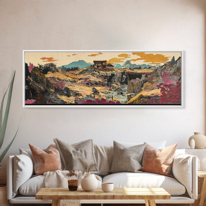 Desert Canyon Cabin And Pink Wildflowers Wall Art, Southwestern Landscape Canvas, Modern Rustic Decor, Earth Tone Home Decor