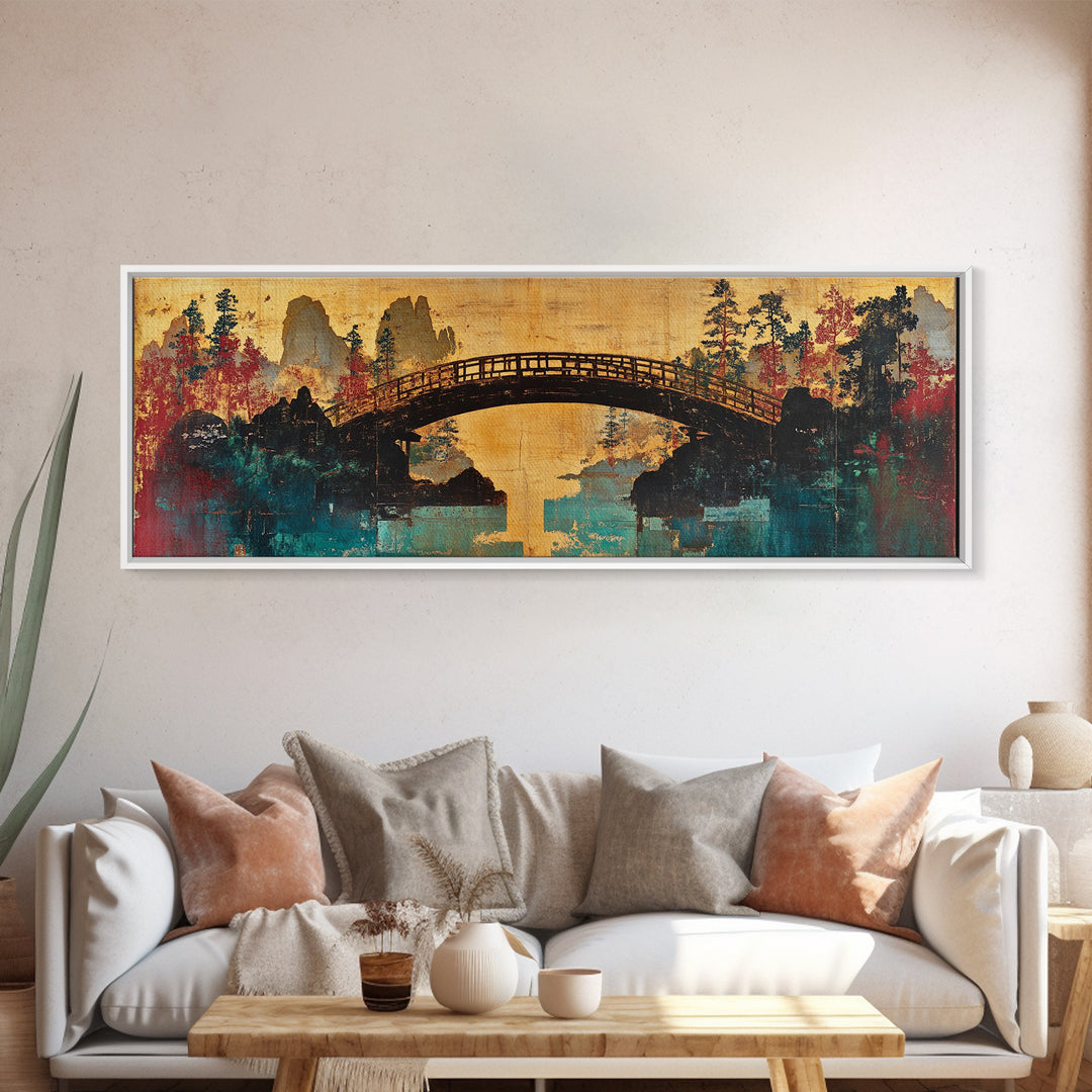 Arched Bridge Over Autumn River Canvas Print, Japanese Garden Landscape, Japandi Wall Art, Tranquil Living Room Wall Decor