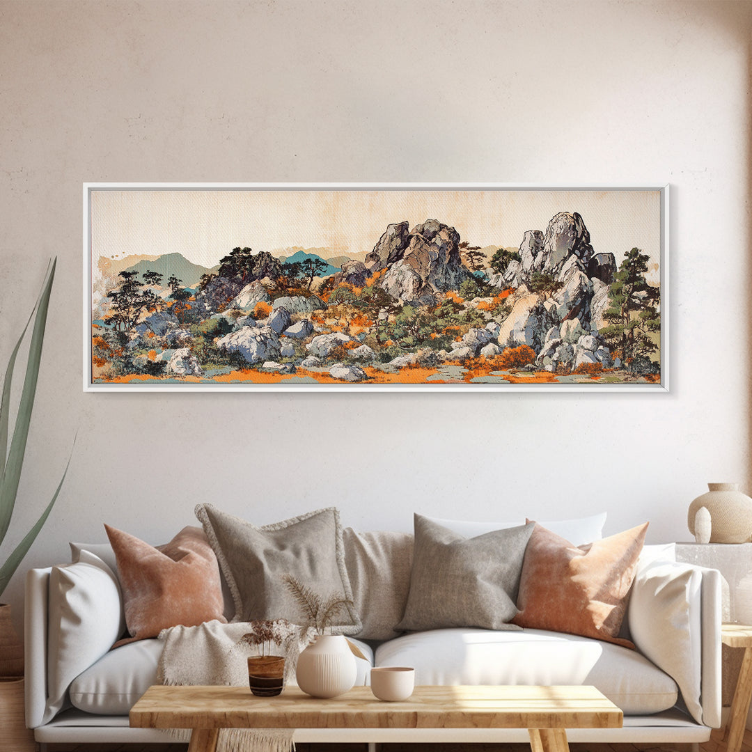 Rock Garden With Pines And Orange Moss Framed Canvas Print, Japanese Landscape Wall Art, Zen Nature Decor, Wide Wall Decor
