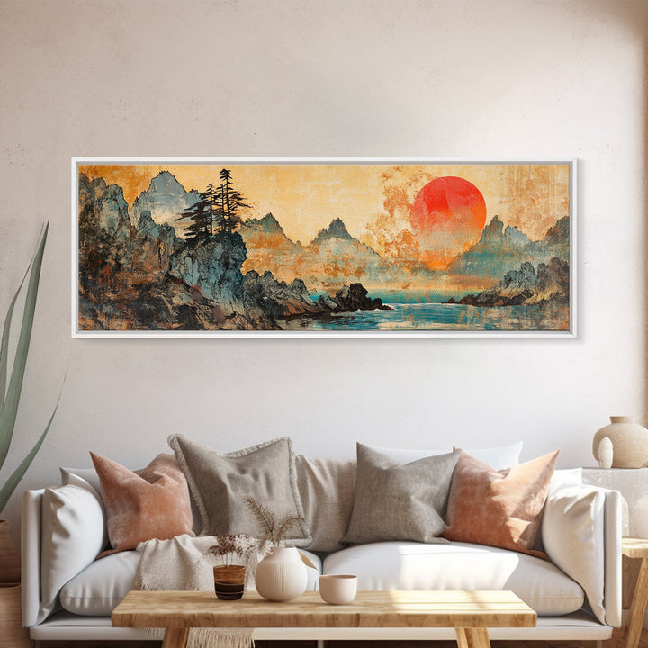 Red Sun Mountain Lake Canvas Print, Japanese Landscape Wall Art, Panoramic Coastal Decor, Large Living Room Art, Above Sofa Art