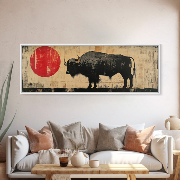 Black Bison Red Sun Framed Canvas Print, Western Wall Art, Rustic Home Decor, Large Horizontal Living Room Art, Gift For Him