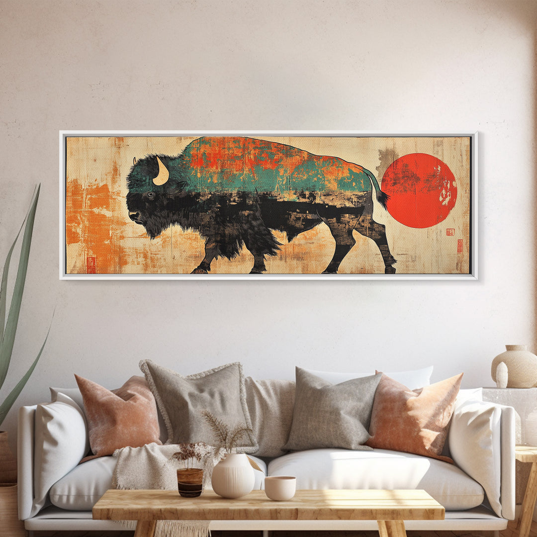Turquoise Bison Red Sun Canvas Print, Southwestern Wall Art, Western Home Decor, Rustic Statement Living Room Art, Large Wall Decor
