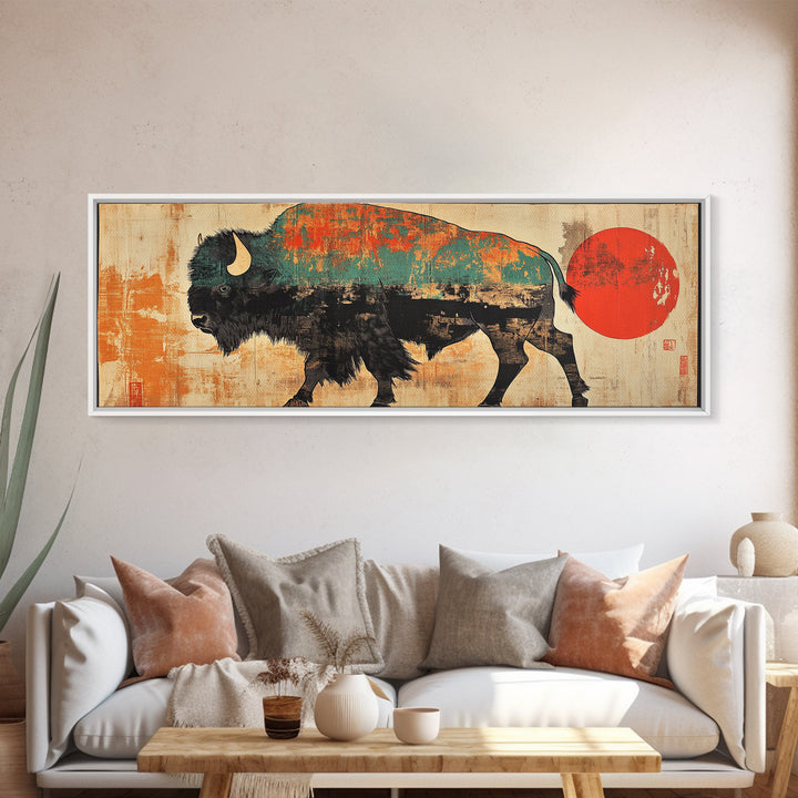 Turquoise Bison Red Sun Canvas Print, Southwestern Wall Art, Western Home Decor, Rustic Statement Living Room Art, Large Wall Decor